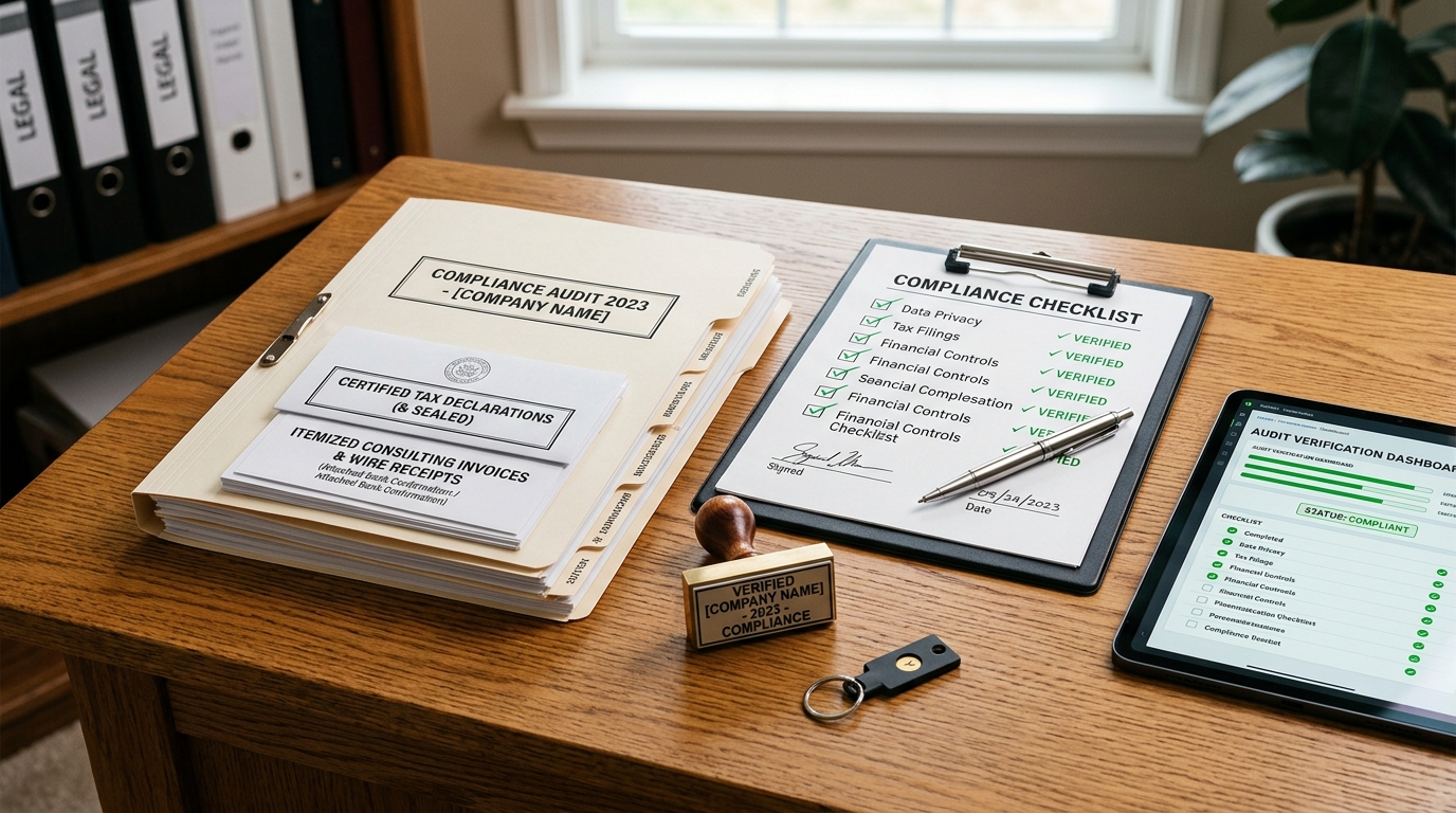 Organized desk flat-lay with certified tax filings, contracts, and compliance checklist