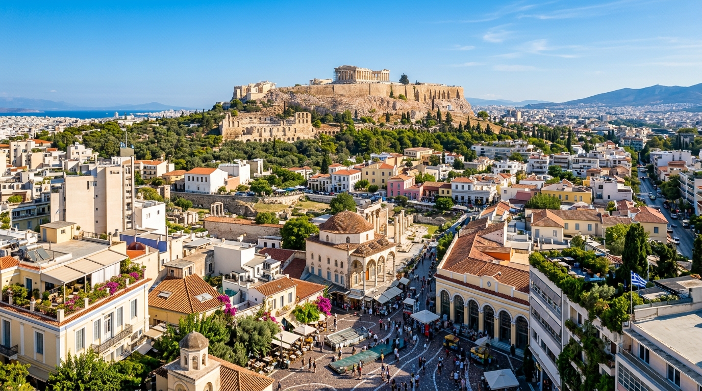 Panoramic view of Athens Greece with ancient Acropolis and vibrant urban cityscape under Mediterranean sunlight