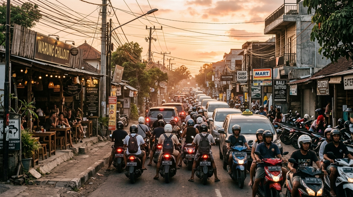 Severe Traffic Gridlock on Narrow Canggu Coastal Road