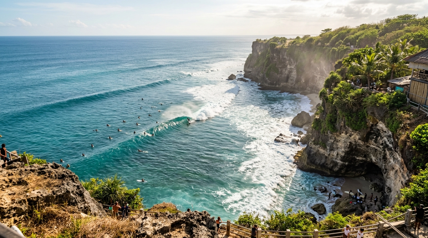 Uluwatu Limestone Cliffs and Peeling Left Reef Barrel Bali Indonesia