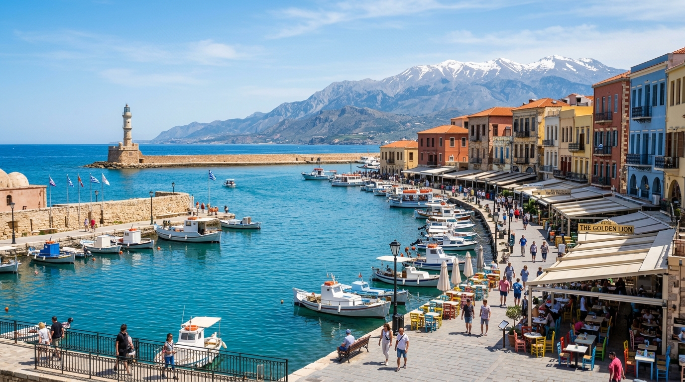 Chania Crete old Venetian harbor with lighthouse and seaside cafes under blue Aegean sky