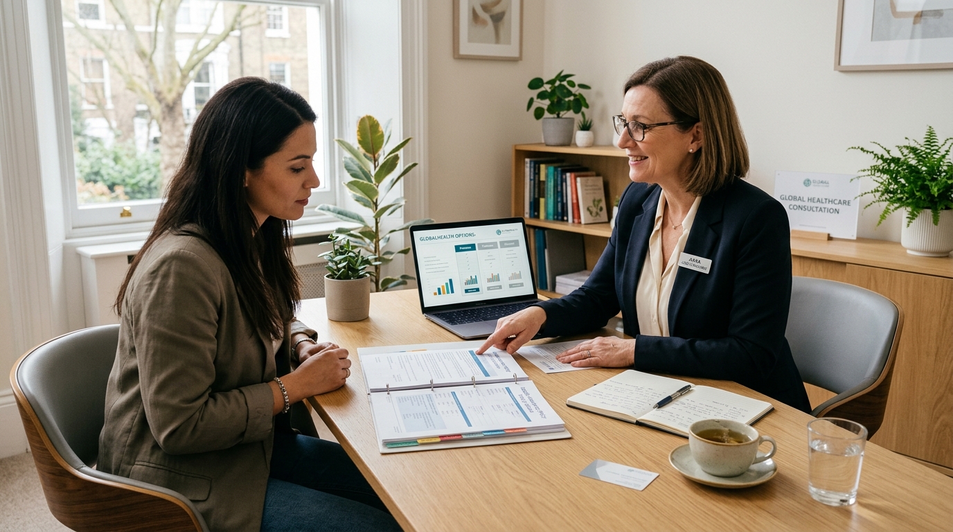 Expat healthcare advisor reviewing health insurance policy documents and transition options