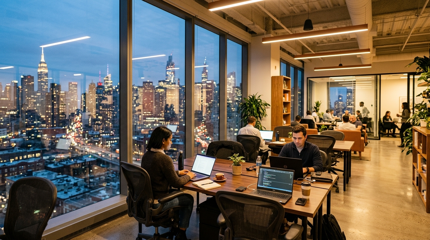 Digital nomad laptop workspace overlooking a global metropolis