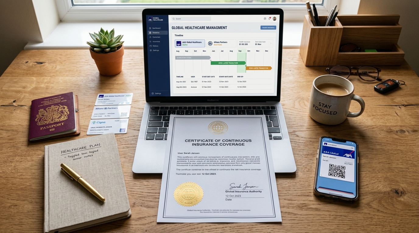 Organized desk with insurance cards, certificate of continuous coverage, and laptop displaying zero-lapse timeline