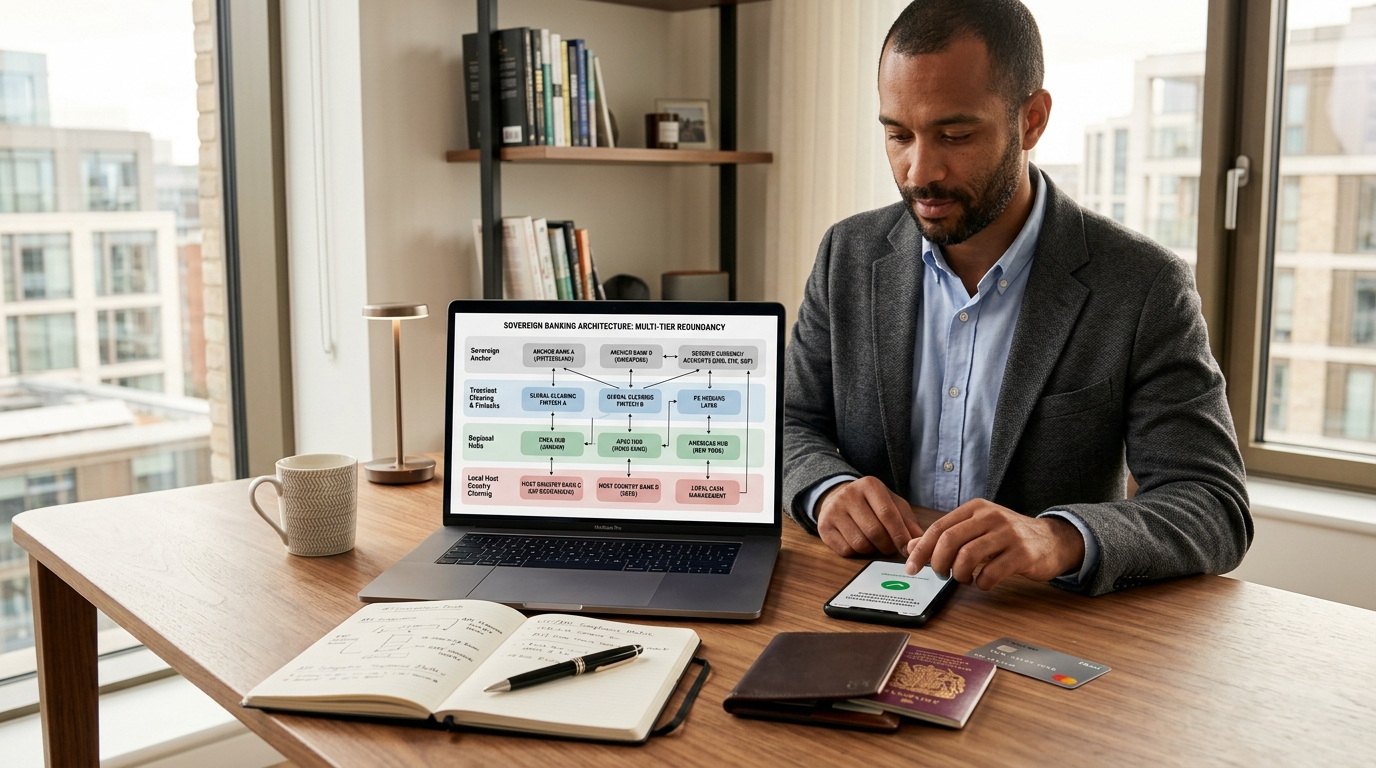 Four-tier redundant international banking architecture diagram on laptop with multi-currency cards