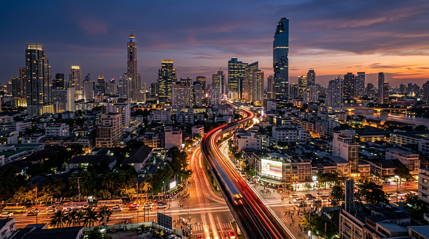Bangkok Modern Skyline at Twilight with BTS Skytrain Line