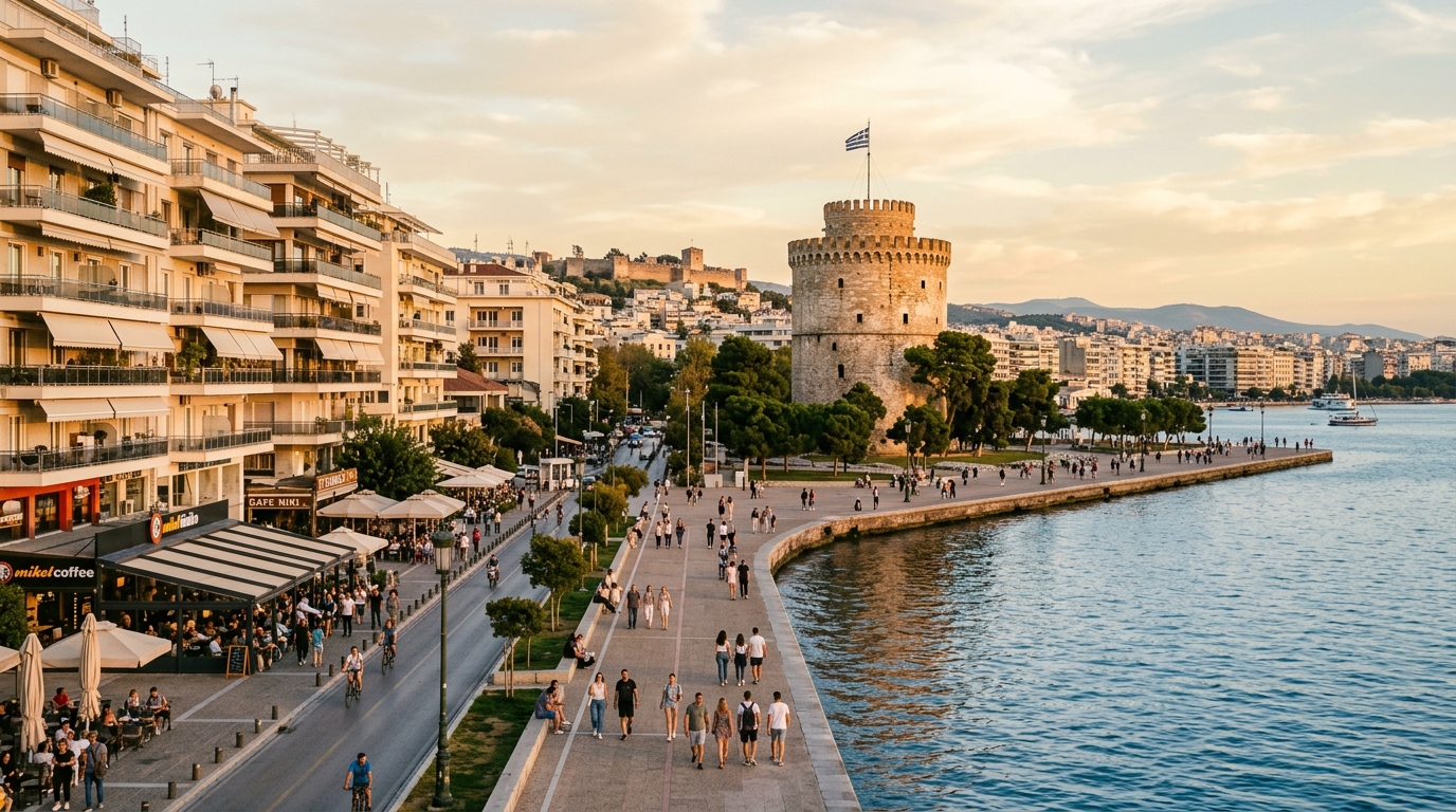 Thessaloniki Greece waterfront promenade with historic White Tower and seaside cafes