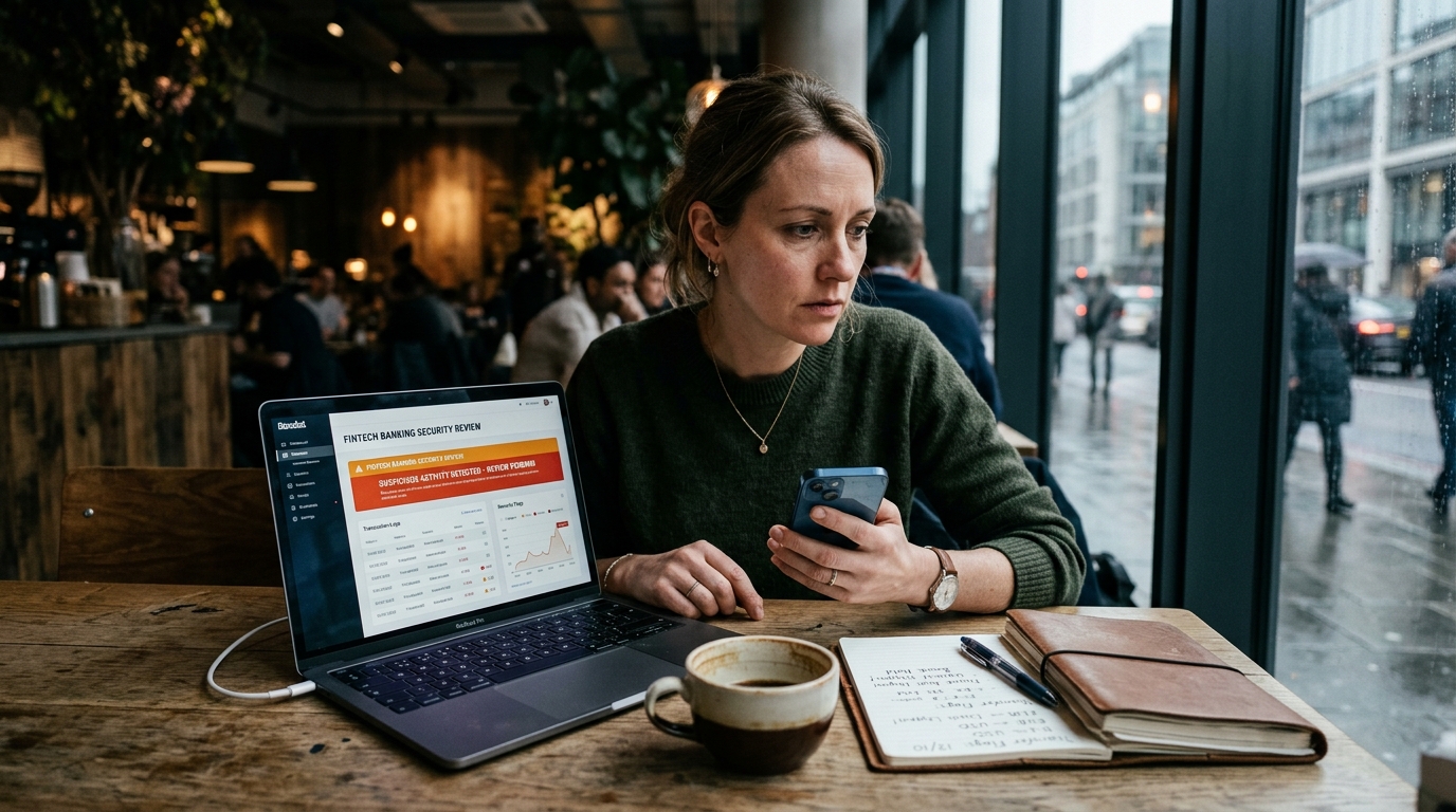 Expat founder in cafe workspace managing an account security review alert